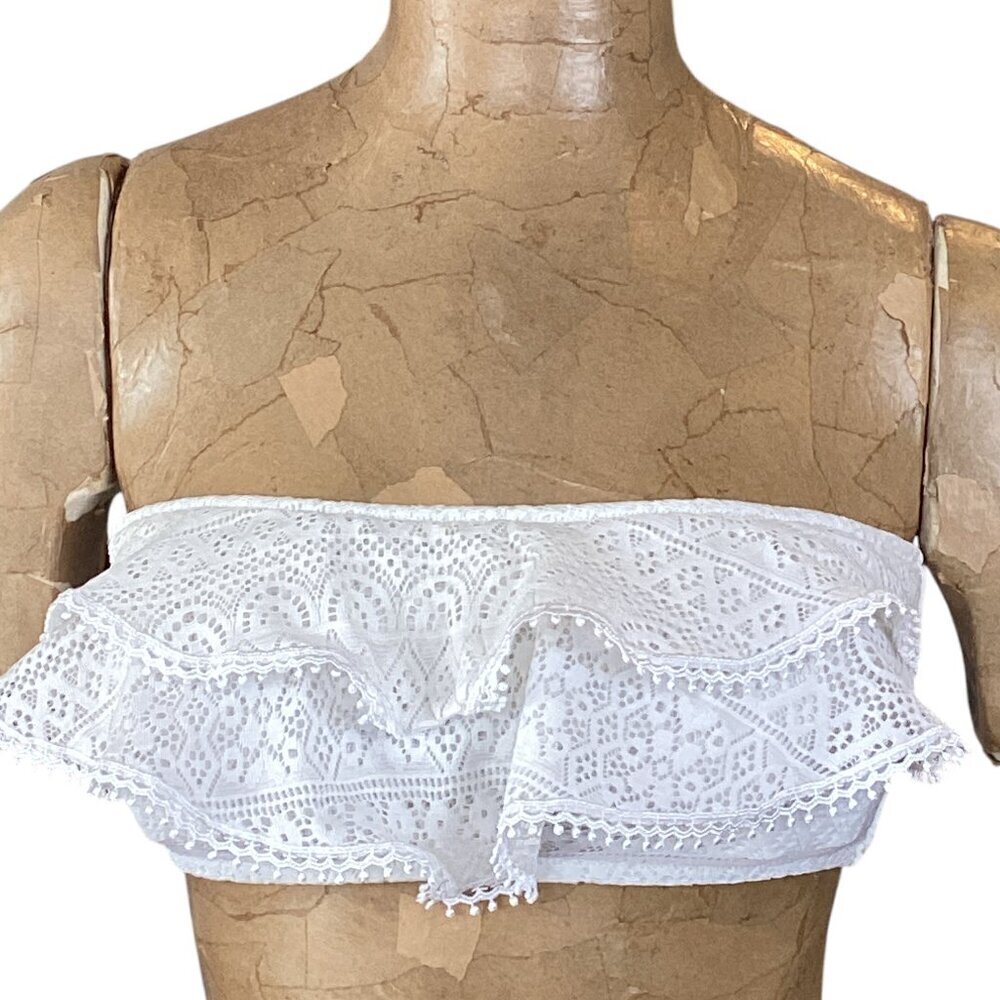 Victoria's Secret Lace Ruffle Bandeau Bikini Top Sz M White #315H‎